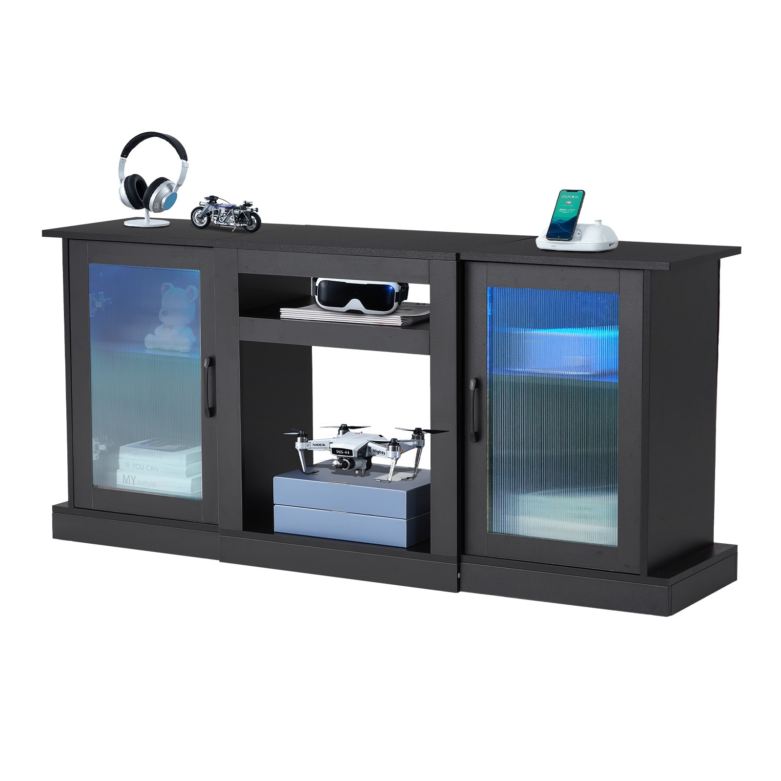 TV Stand For TVs Up To 65 Inch, Modern Entertainment Center With Light Strip, Wooden TV Cabinet Storage With Glass Doors And Adjustable Shelves, Console Table For Living Room And Bedroom, Black_maomaolike.com